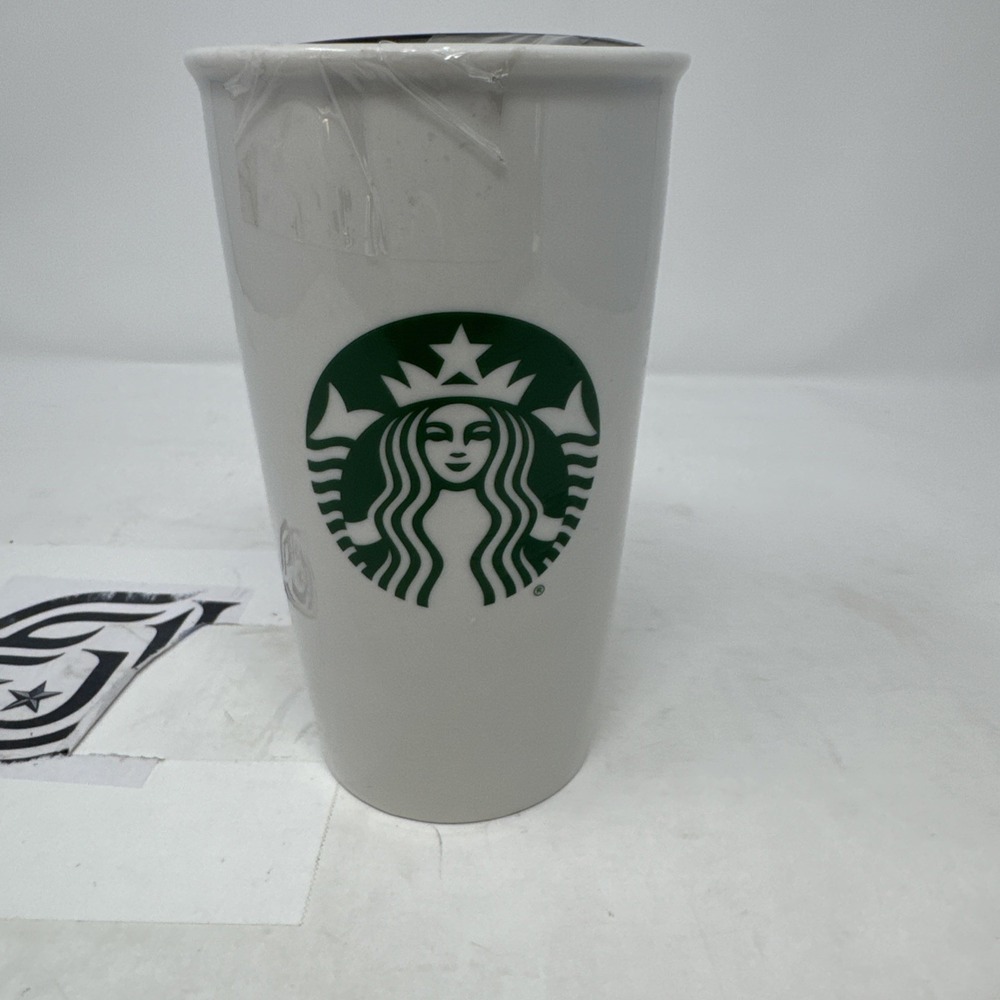 2016 Starbucks White Ceramic Travel Mug with Green Mermaid Logo 12 oz